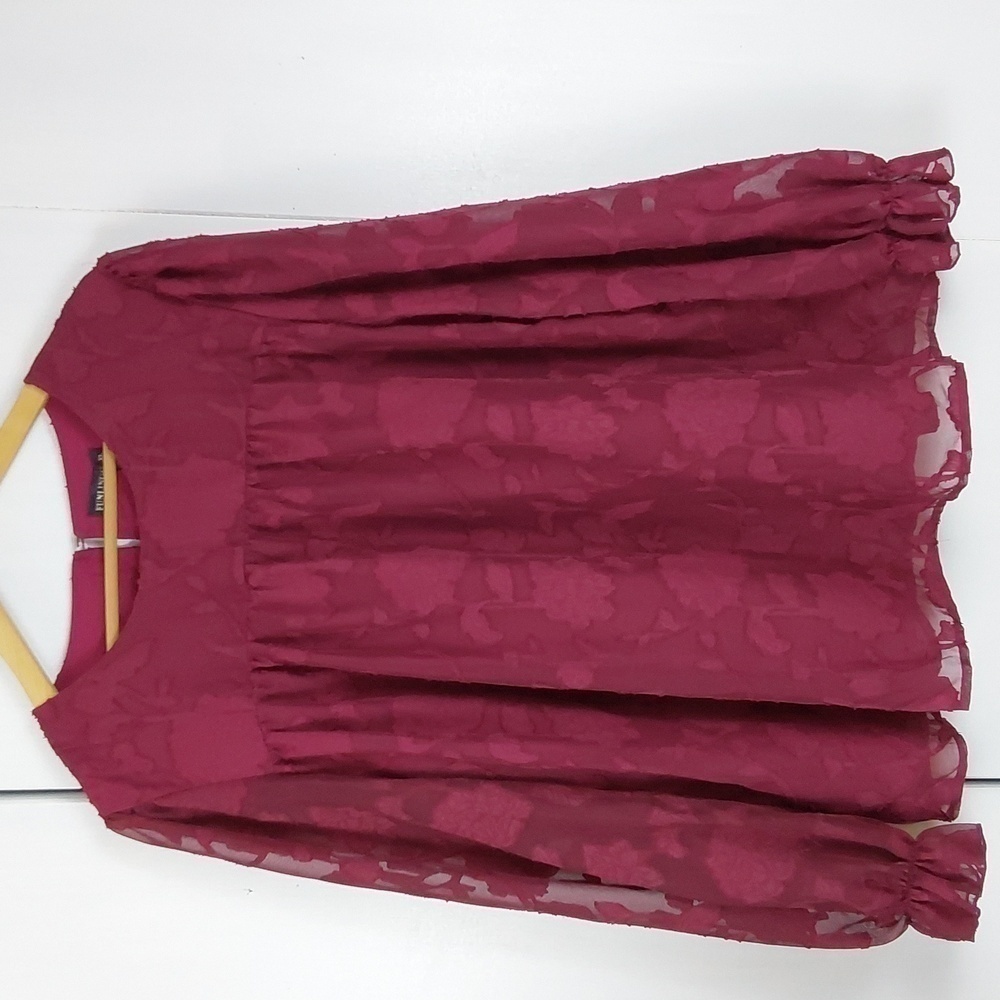 Deep Burgundy Semi Sheer embossed Blouse Gathered wrist Elegant Mod Sz.XL